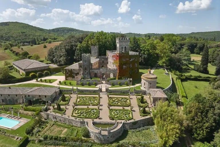 Aerial view of Castello di Celsa and its formal gardens