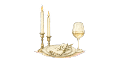 Watercolor candlelit place setting with wine glass