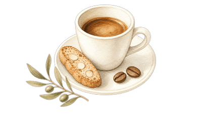 Watercolor espresso cup with biscotti and olive branch