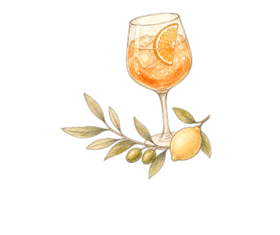 Watercolor spritz glass with lemon and olive leaves